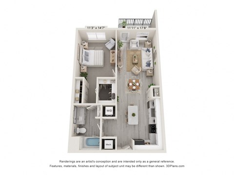 Floor plan for 1 bed, 1 bath, 875 sqft